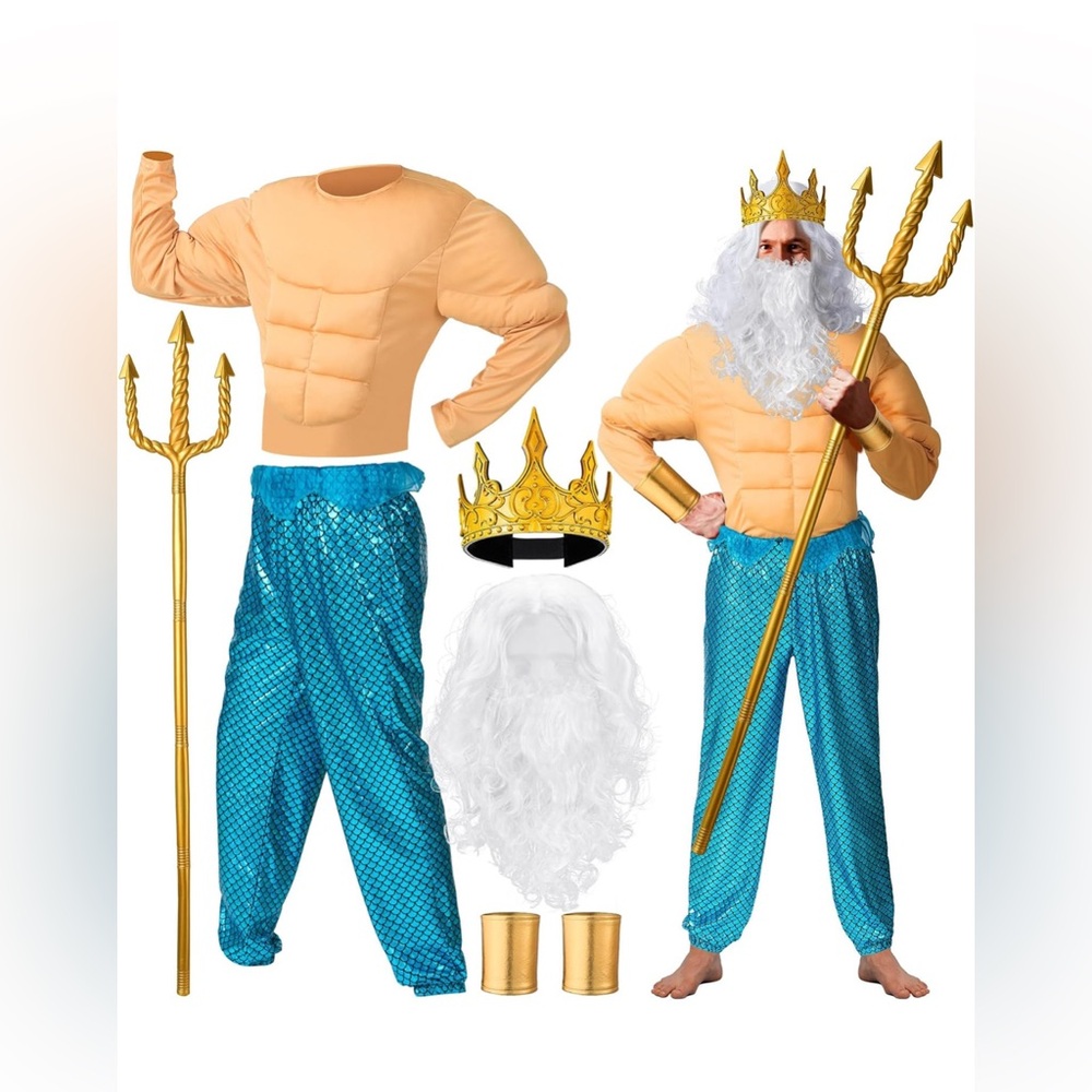 King of the Sea/ King Triton 7pcs Halloween Costume, Size: Men’s Large L